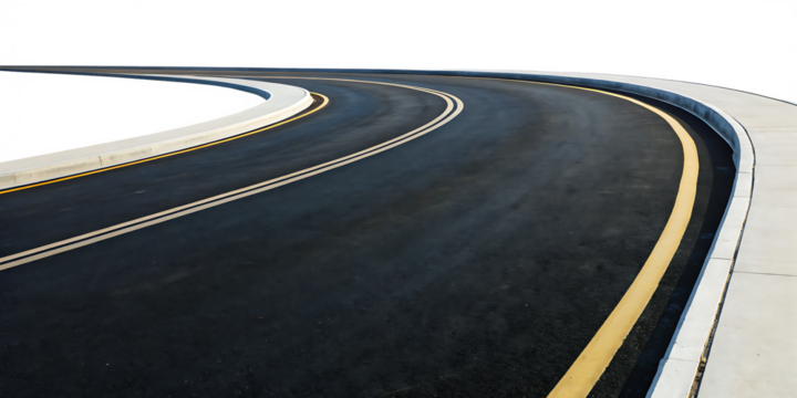 Curved asphalt road with yellow lines isolated on a transparent background .PNG,AI GENERATED