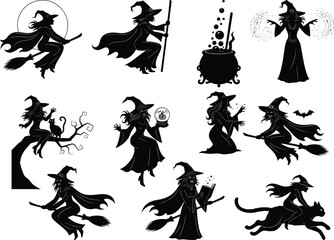 Witch silhouettes, flying broomstick, magic spells, cauldron brewing, Halloween theme, spooky poses, mystical elements, enchanted figures, fantasy illustration, vector art