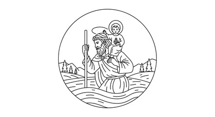 Saint Christopher Icon: A detailed line art illustration depicts Saint Christopher carrying the Christ Child across the water, encircled within a frame.