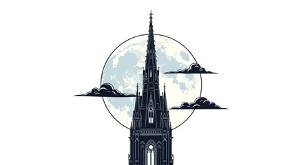 Celestial Gothic Spire: An artistic depiction of a gothic spire reaching towards a celestial moon and clouds, evoking a sense of mystery and architectural grandeur.