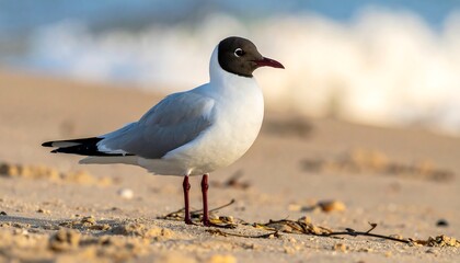 A black-headed gull stands on a sandy beach with ocean waves softly breaking in the background, bathed in warm sunlight