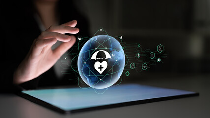 Global healthcare and medical insurance solutions for family protection. Digital technology...