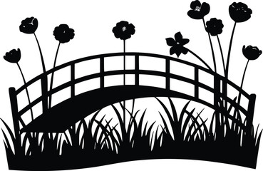 Meadow Buttercups Near Wooden Bridge Silhouette | Wildflower Vector Art