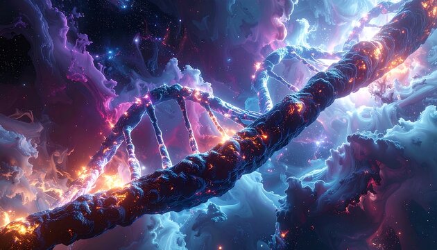 A vibrant, artistic depiction of a glowing DNA strand against a backdrop of swirling, colorful cosmic nebulae and atmospheric clouds