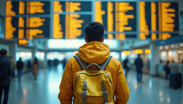 Traveler with bright yellow backpack waits for flight at terminal. Young person looks at airport departure board. Passenger with bag at station checks schedule and flight information.