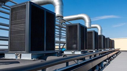Naklejka premium Row of rooftop HVAC units for building climate control against a clear blue sky, silver piping, and grey metal framework.