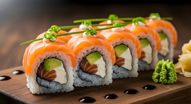 Close-up of fresh salmon sushi rolls with avocado and cream cheese, garnished with chives, served on a wooden board with soy sauce, wasabi, and pickled ginger.