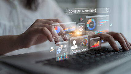 Content marketing interface with data dashboards, analytics charts, and content tools. Marketing success comes from content performance, content planning, and marketing optimization. Spline