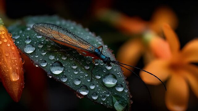 Macro Close-Up: Delicate Insect Rests on Dew-Kissed Leaf Amidst Soft Orange Blossoms