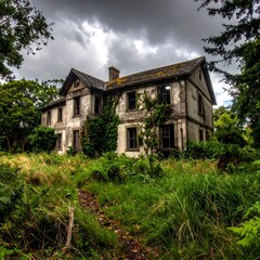 Weather-worn, abandoned two-story building in overgrown forest