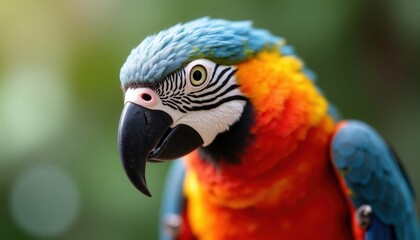 Colorful parrot perched on a branch in a lush jungle during golden hour lighting