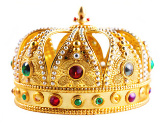 Ornate gold crown with colorful gemstones isolated on a transparent background royal