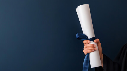 A graduate holds a rolled diploma tied with a blue ribbon against a navy blue backdrop, symbolizing academic achievement and graduation success.