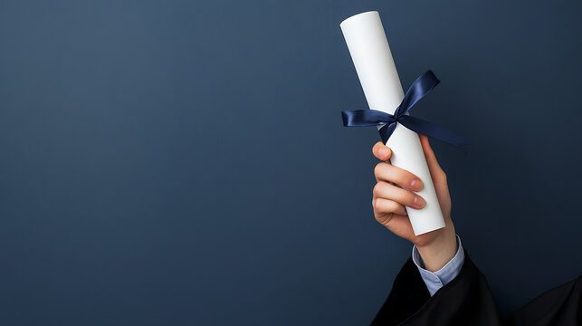 Graduation success! Celebratory image of a graduate holding a diploma tied with a navy blue ribbon against a dark blue background.