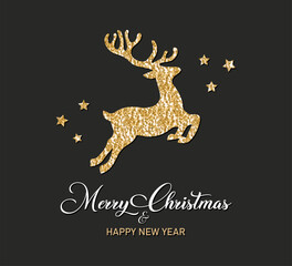 Merry christmas and happy new year card with gol glitter reindeer and stars, hand drawn vector design © springsky