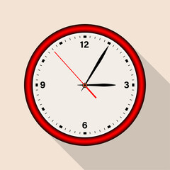 Modern red analog wall clock with vector. Stylish timepiece illustration. Minimalist analog vector clock design.