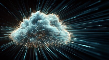 Dynamic cloud computing concept with data streams, representing connectivity, innovation, and digital transformation in a modern, abstract illustration