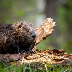 Wet beaver on log