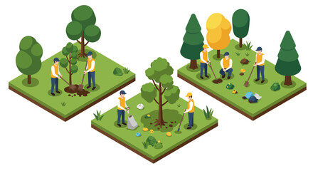 Isometric scenes of people engaged in outdoor tree planting and park maintena…