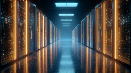 Modern server room with glowing lights showcasing cutting-edge technology, digital infrastructure, and data center servers for business and IT.