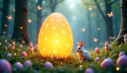 Magical Easter scene with glowing egg and playful bunnies in an enchanting forest during springtime