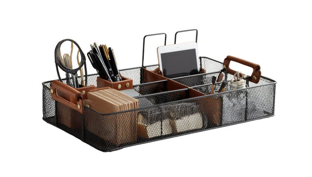 Metal mesh organizer with tan leather handles