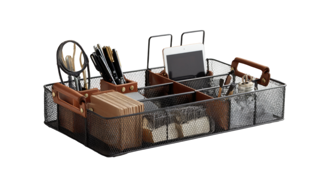 Metal mesh organizer with tan leather handles - Powered by Adobe