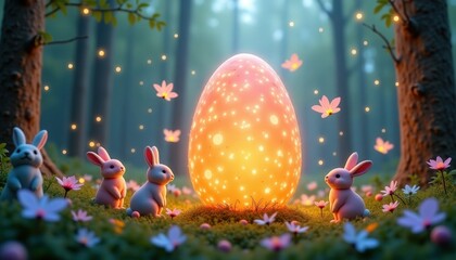 Magical scene with glowing egg surrounded by rabbits and flowers in an enchanted forest during dusk