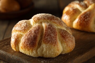 Pan de muerto bun on wooden board for Day of the Dead food reference image
