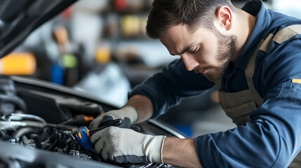 Auto Mechanic Inspecting Car Engine: Close-up of a focused mechanic working on a vehicle's engine in a garage, showcasing automotive expertise.