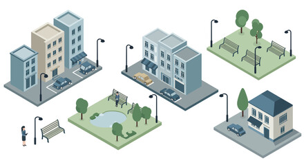 Isometric urban cityscape with buildings and park elements