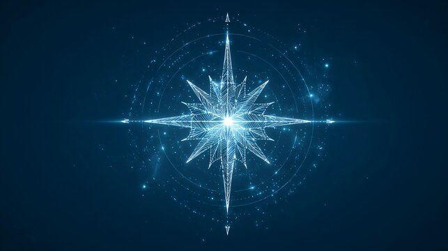 Elegant glowing compass rose design on dark blue background, perfect for business, navigation, and futuristic concepts