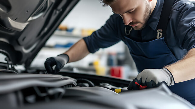 Focused mechanic in uniform and gloves repairs a vehicle engine in a brightly lit auto shop. Professional auto maintenance. Car repair service.