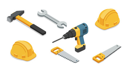 Isometric construction tools set with helmet, drill, wrench, and saw