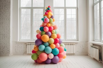 Christmas tree made of colorful balloons in bright room.