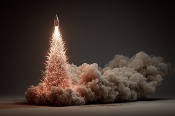 Rocket launching with smoke in shape of Christmas tree.