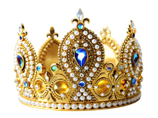 Ornate golden crown with blue gemstones and pearls isolated on a transparent background