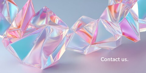 Contact Us text floating beside glowing low-poly abstract crystal structure with soft pastel colors