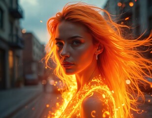 Woman with fiery orange hair, glowing skin stands on city street at night. Flames erupt around body, hair, creating dramatic, powerful, mysterious atmosphere. Captivating image evokes fantasy,