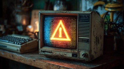 Retro TV displaying a vibrant warning sign against a dark, moody backdrop, symbolizing potential danger or system failure in a vintage setting