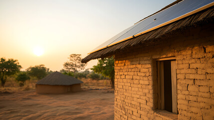 Rural Home with Solar Panels: Sustainable energy powers a traditional house in a rural setting, blending innovation and heritage at sunset.
