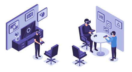 Virtual reality experience with modern technology in an isometric office setting