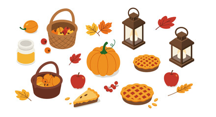 Autumn harvest collection: pumpkins, apples, and lanterns for festive fall decor