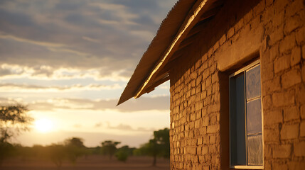 Mud brick building at sunset: A rustic dwelling under a warm sky, evoking simplicity and a serene rural atmosphere. Architectural serenity