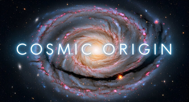 A vibrant spiral galaxy with a bright core and glowing arms, set against a dark, star-filled cosmic background, with "COSMIC ORIGIN" text.