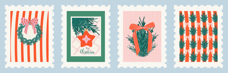 Merry Christmas and Happy New Year greeting card set. Modern Christmas design with ribbons, fir branch, christmas toys.