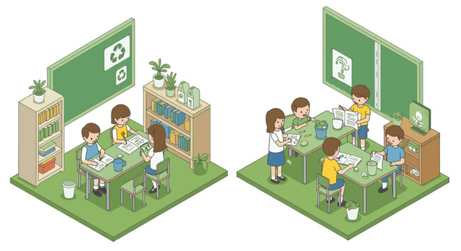 Isometric classroom with students learning and recycling in eco-friendly envi… - Powered by Adobe