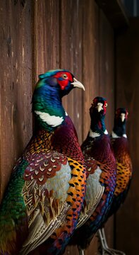 A row of colorful pheasant taxidermy mounts displayed on a rustic wooden wall, showcasing hunting trophies and decorative wildlife footage.