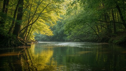 Fototapeta premium River Forest Background with Sunlight Reflections