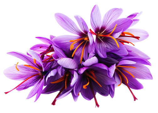 Purple saffron flowers with orange stigmas isolated on a transparent background 